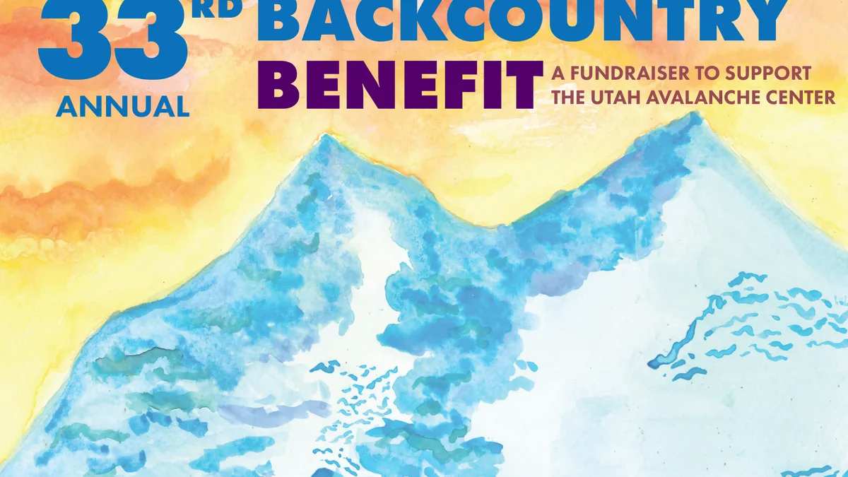 Utah Avalanche Center 33rd Annual Backcountry Benefit poster with a watercolor mountain at sunset