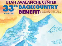 Utah Avalanche Center 33rd Annual Backcountry Benefit poster with a watercolor mountain at sunset