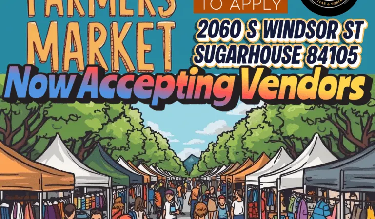 Poster for the Sugar House Farmers Market — outdoor market at Fellowship Hall, 2060 S Windsor St, Saturdays 9am–4pm