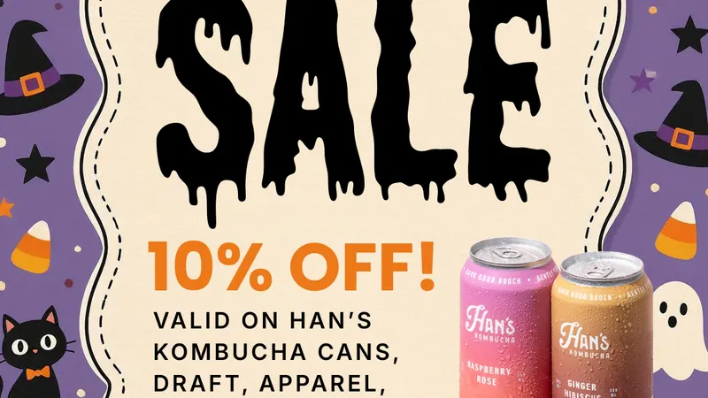 Halloween Retail Sale: 10% Off Han’s Kombucha + Merch
